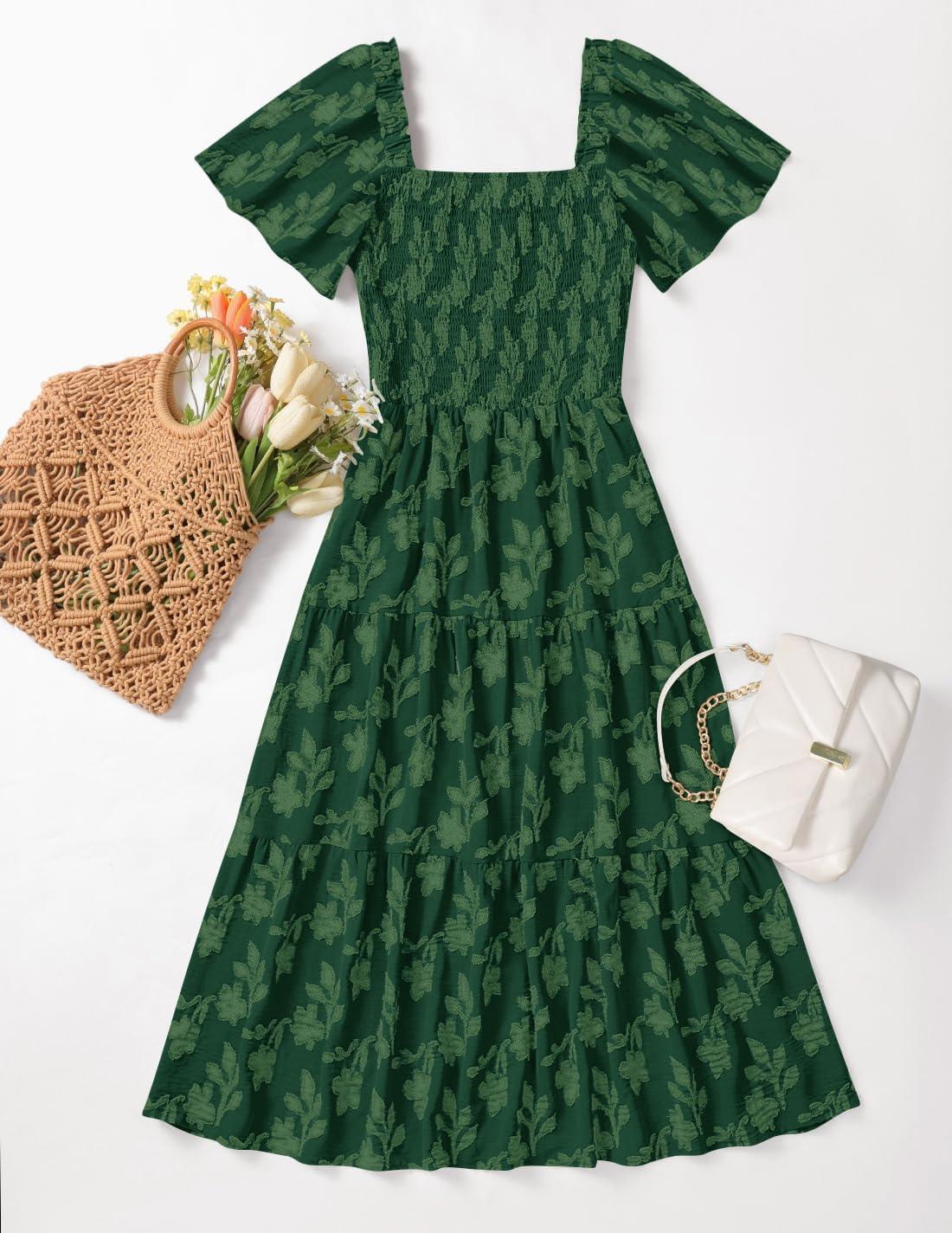 imageZESICA Womens Summer Boho Floral Midi Dress 2026 Casual Short Sleeve Square Neck Flowy Beach Vacation Long DressGreen