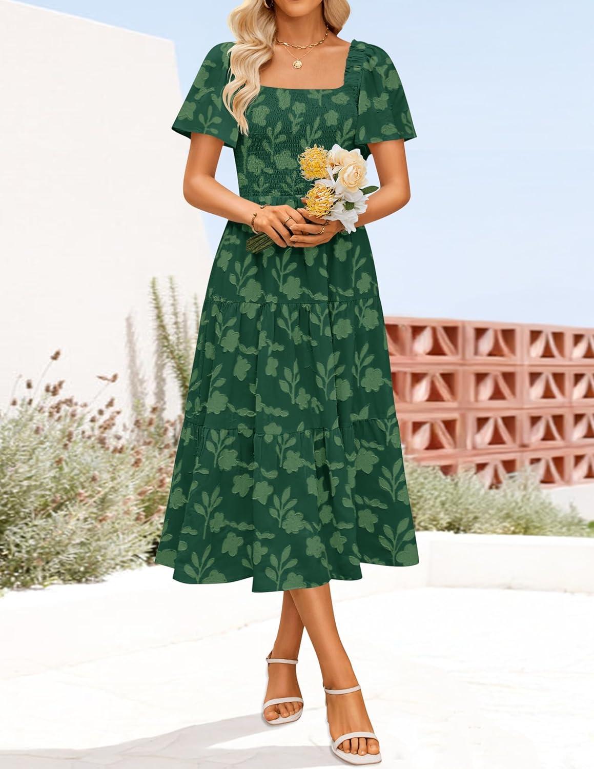 imageZESICA Womens Summer Boho Floral Midi Dress 2026 Casual Short Sleeve Square Neck Flowy Beach Vacation Long DressGreen