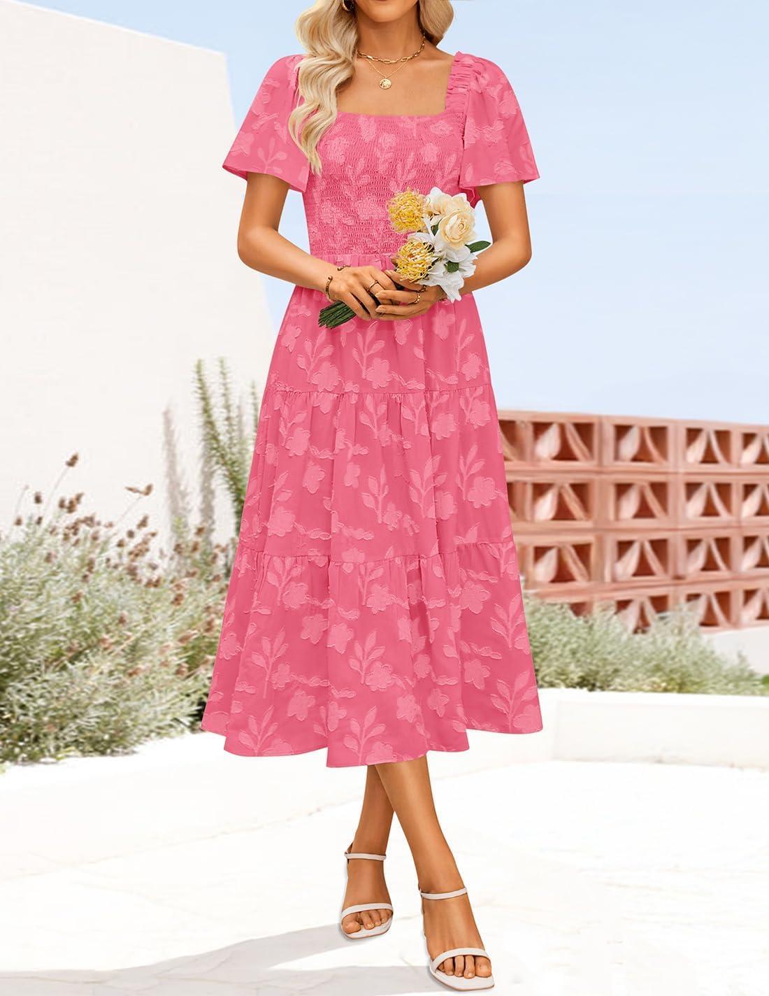 imageZESICA Womens Summer Boho Floral Midi Dress 2026 Casual Short Sleeve Square Neck Flowy Beach Vacation Long DressHotpink