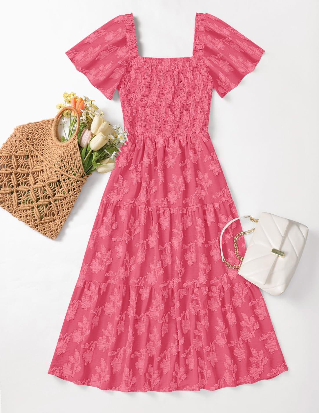 imageZESICA Womens Summer Boho Floral Midi Dress 2026 Casual Short Sleeve Square Neck Flowy Beach Vacation Long DressHotpink