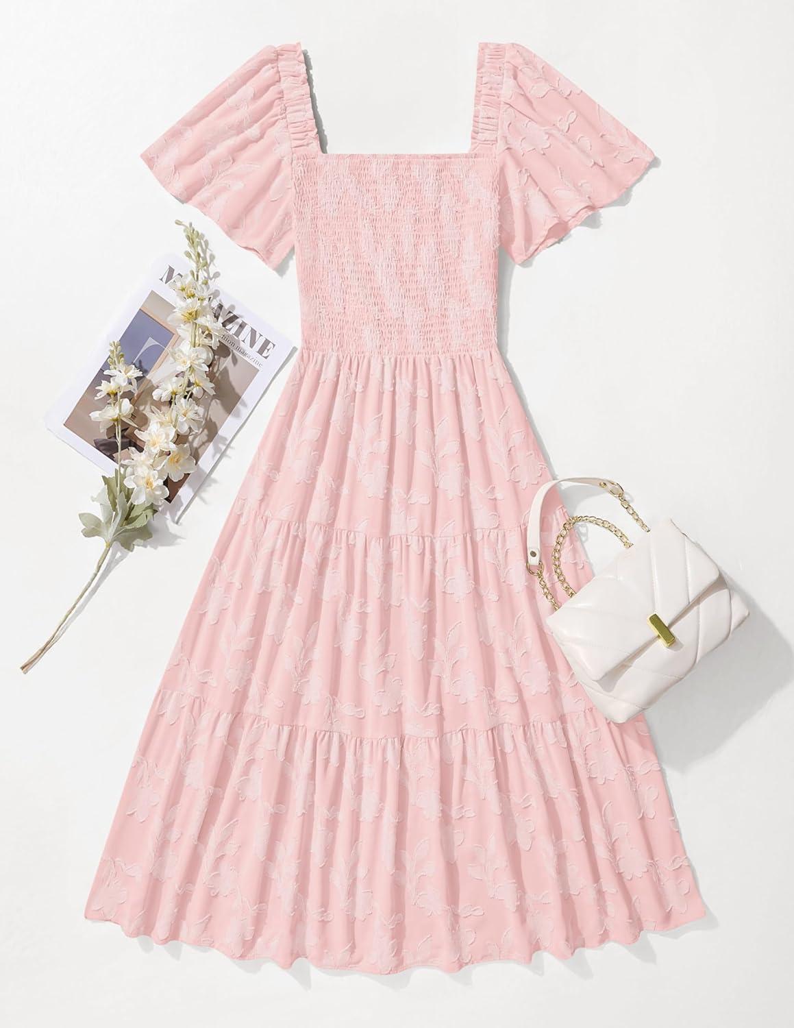 imageZESICA Womens Summer Boho Floral Midi Dress 2026 Casual Short Sleeve Square Neck Flowy Beach Vacation Long DressLight Pink