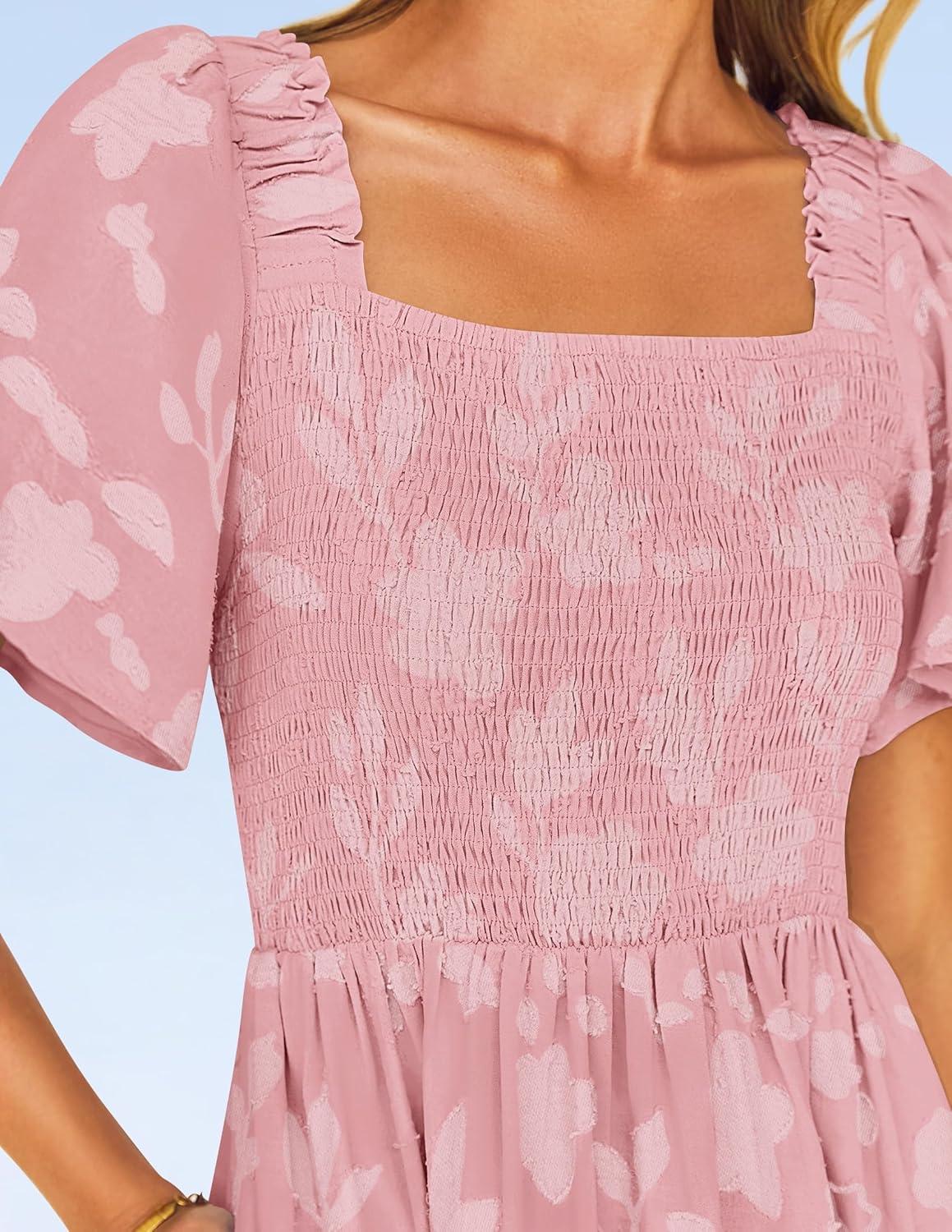 imageZESICA Womens Summer Boho Floral Midi Dress 2026 Casual Short Sleeve Square Neck Flowy Beach Vacation Long DressPink