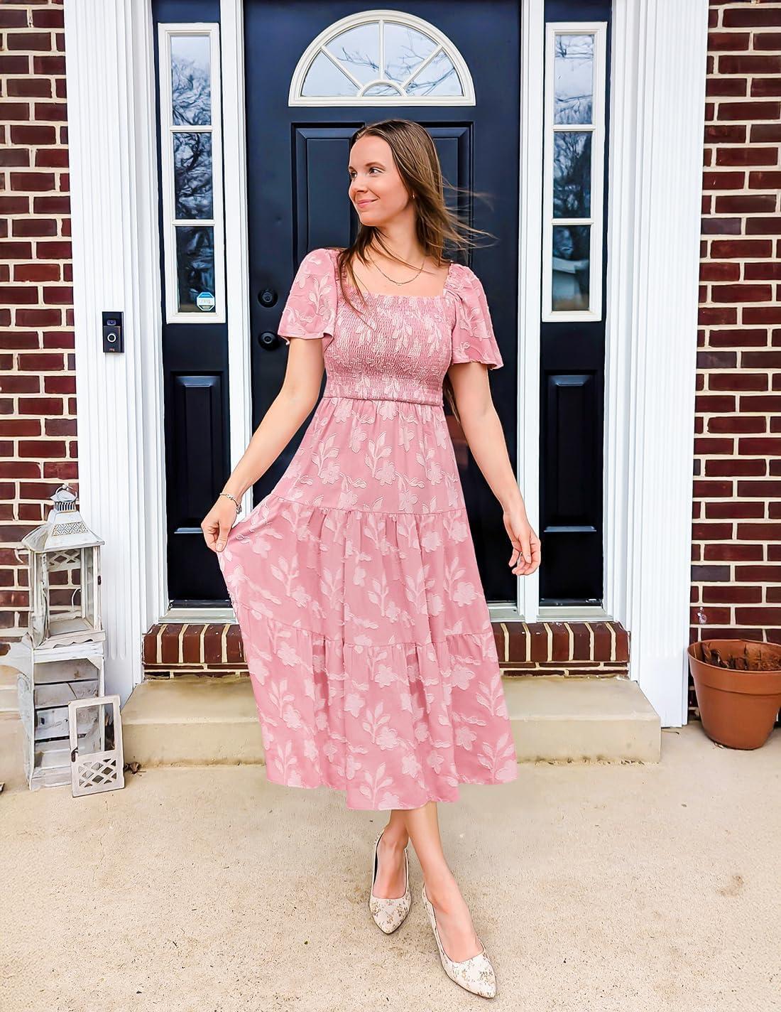 imageZESICA Womens Summer Boho Floral Midi Dress 2026 Casual Short Sleeve Square Neck Flowy Beach Vacation Long DressPink