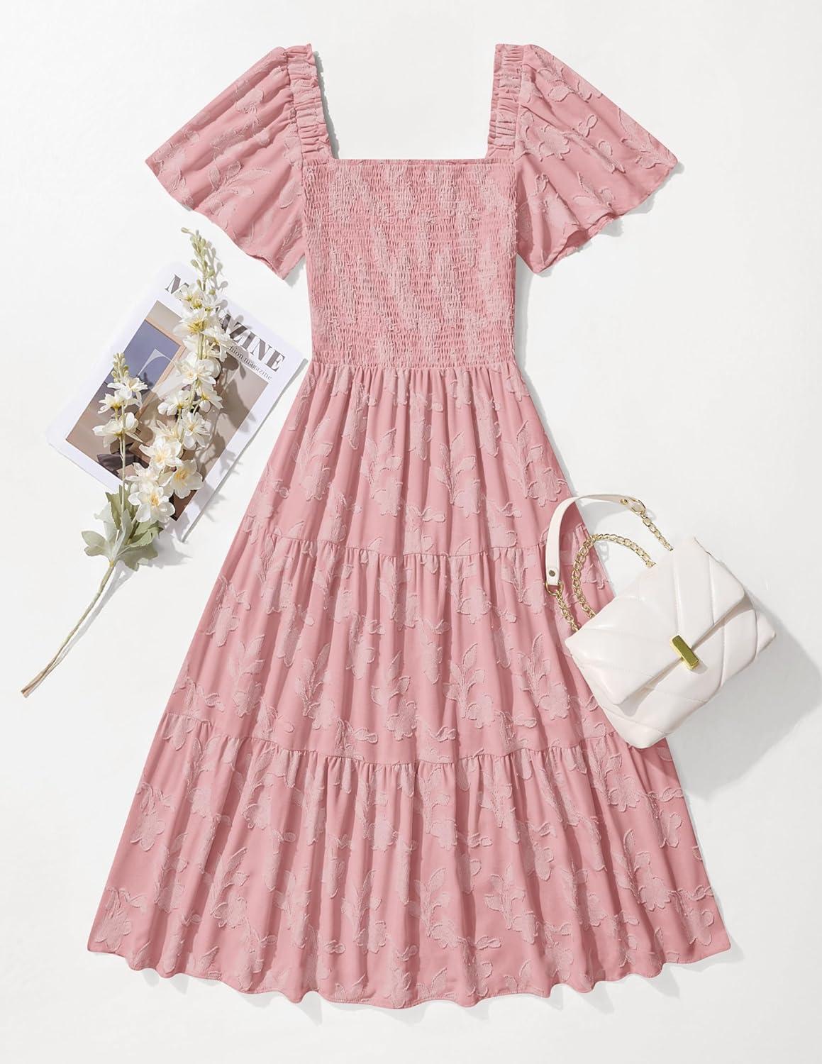 imageZESICA Womens Summer Boho Floral Midi Dress 2026 Casual Short Sleeve Square Neck Flowy Beach Vacation Long DressPink