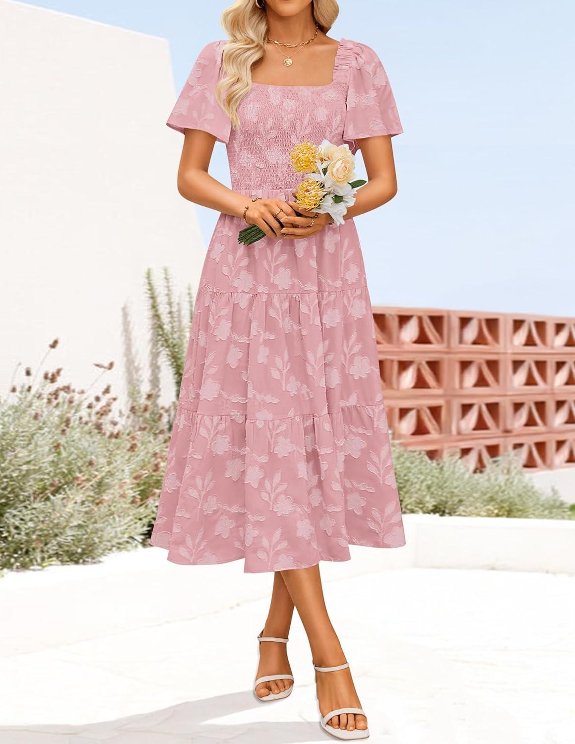 imageZESICA Womens Summer Boho Floral Midi Dress 2026 Casual Short Sleeve Square Neck Flowy Beach Vacation Long DressPink