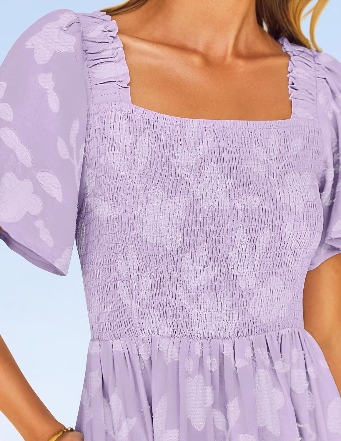 imageZESICA Womens Summer Boho Floral Midi Dress 2026 Casual Short Sleeve Square Neck Flowy Beach Vacation Long DressPurple