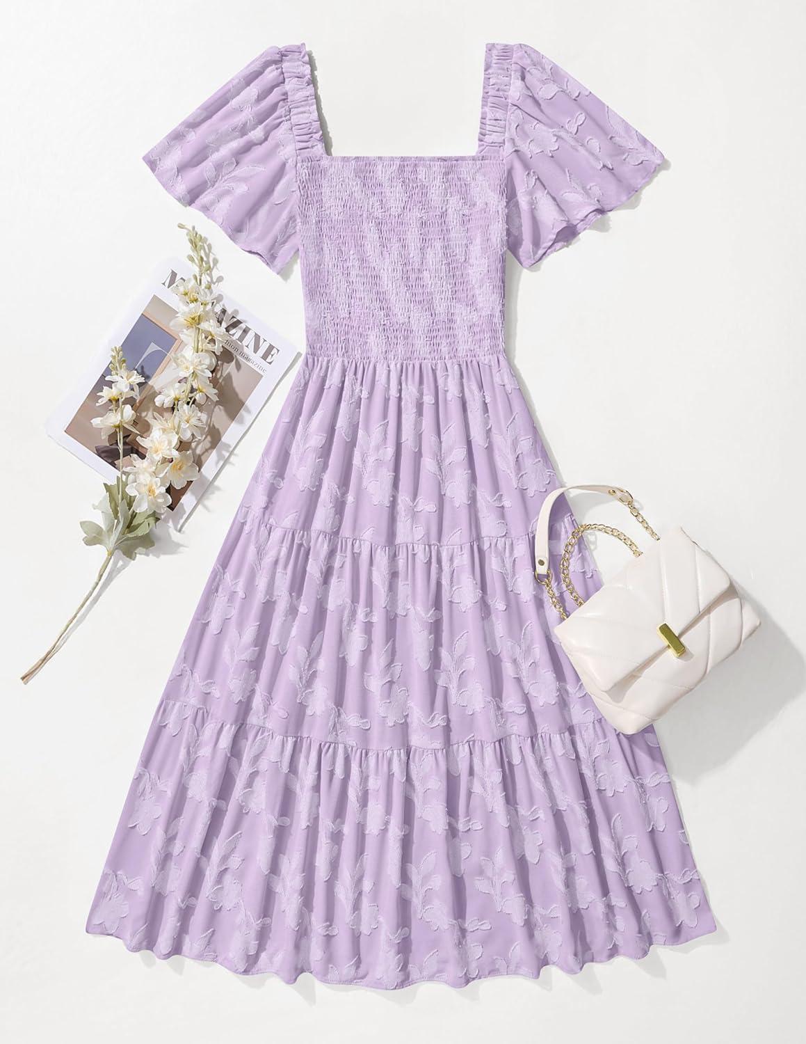 imageZESICA Womens Summer Boho Floral Midi Dress 2026 Casual Short Sleeve Square Neck Flowy Beach Vacation Long DressPurple