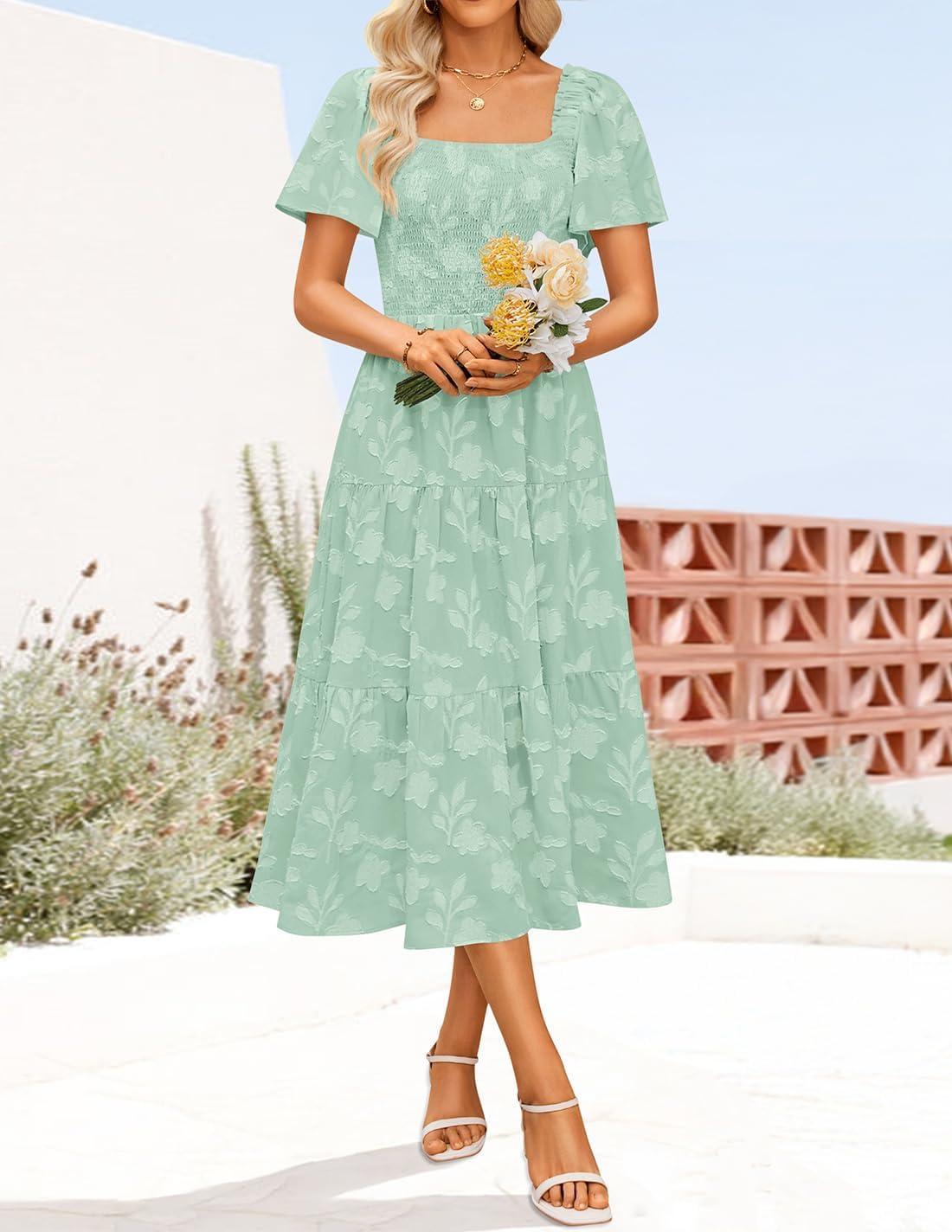imageZESICA Womens Summer Boho Floral Midi Dress 2026 Casual Short Sleeve Square Neck Flowy Beach Vacation Long DressSage