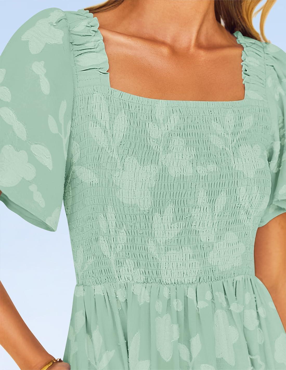 imageZESICA Womens Summer Boho Floral Midi Dress 2026 Casual Short Sleeve Square Neck Flowy Beach Vacation Long DressSage