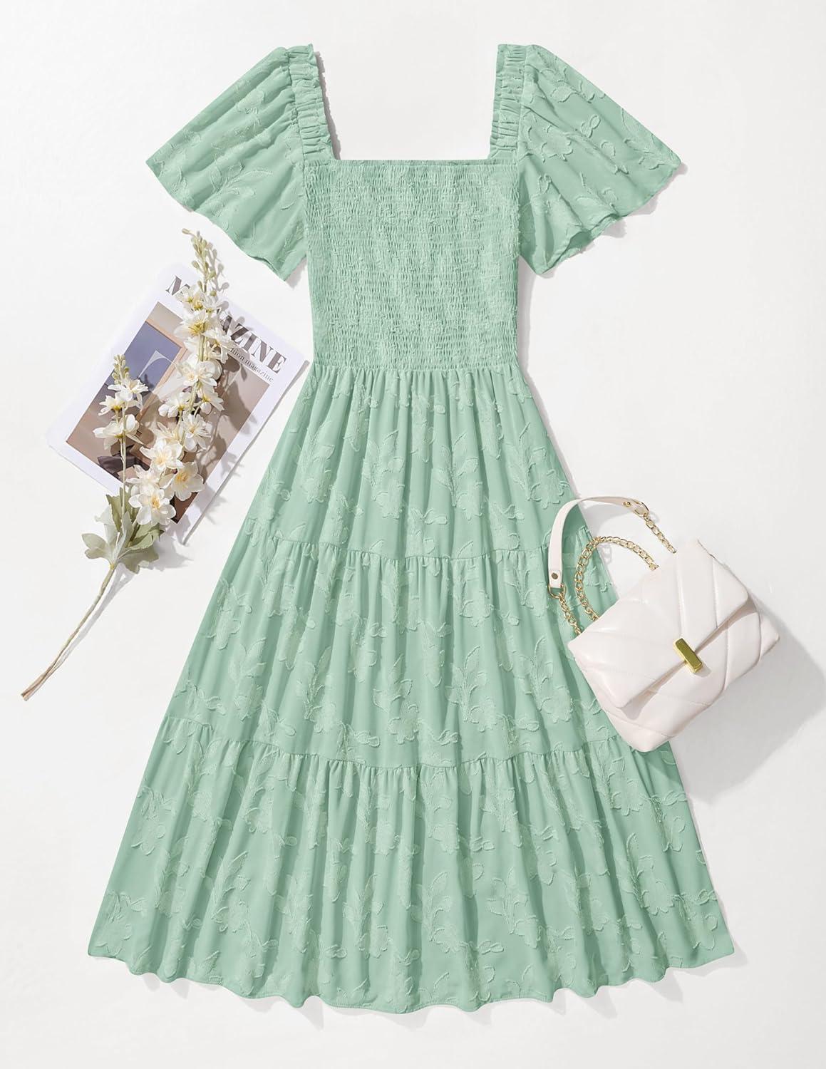 imageZESICA Womens Summer Boho Floral Midi Dress 2026 Casual Short Sleeve Square Neck Flowy Beach Vacation Long DressSage