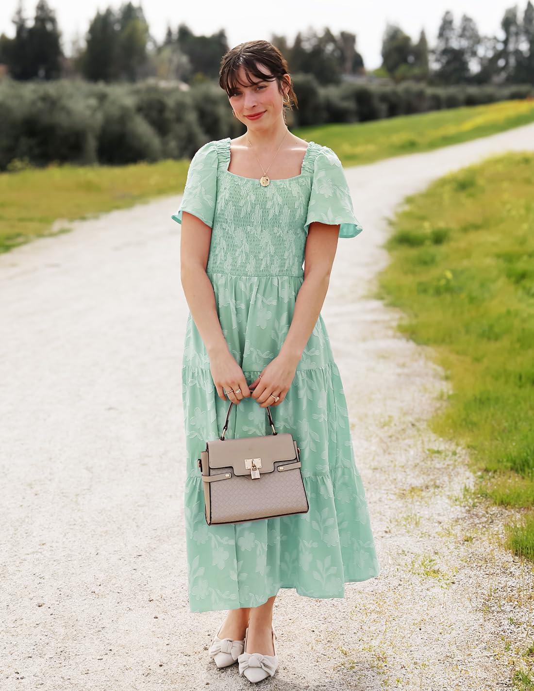 imageZESICA Womens Summer Boho Floral Midi Dress 2026 Casual Short Sleeve Square Neck Flowy Beach Vacation Long DressSage