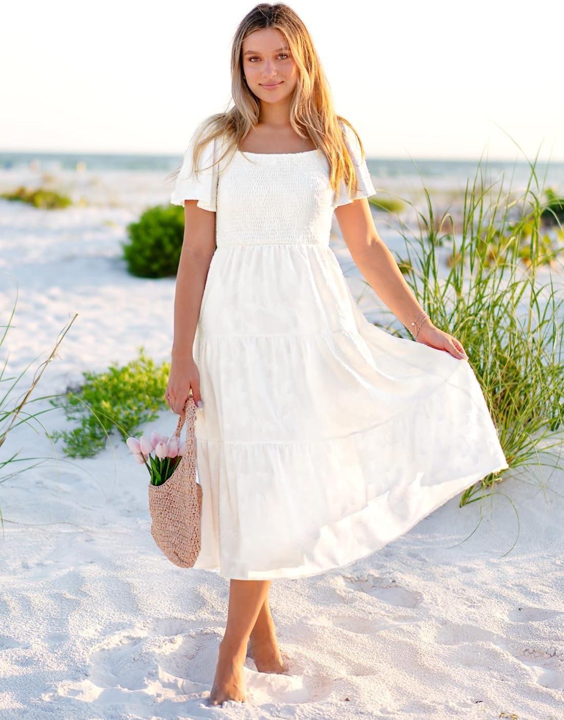 imageZESICA Womens Summer Boho Floral Midi Dress 2026 Casual Short Sleeve Square Neck Flowy Beach Vacation Long DressWhite