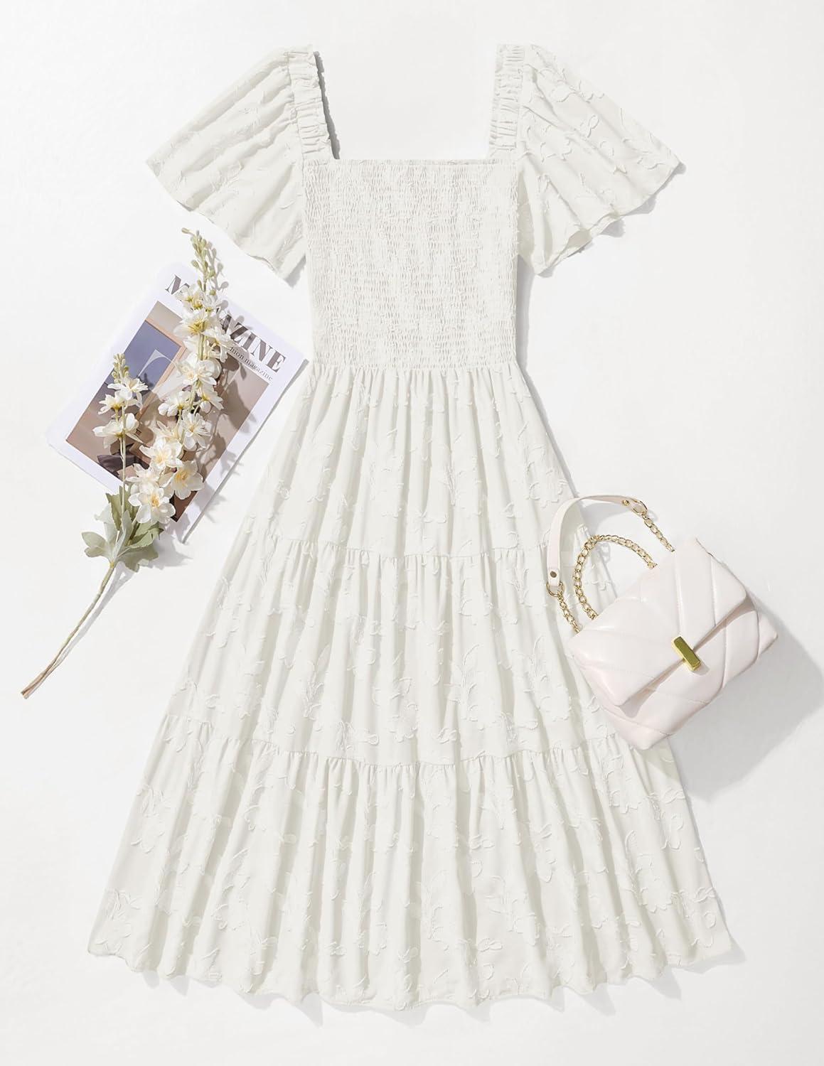 imageZESICA Womens Summer Boho Floral Midi Dress 2026 Casual Short Sleeve Square Neck Flowy Beach Vacation Long DressWhite