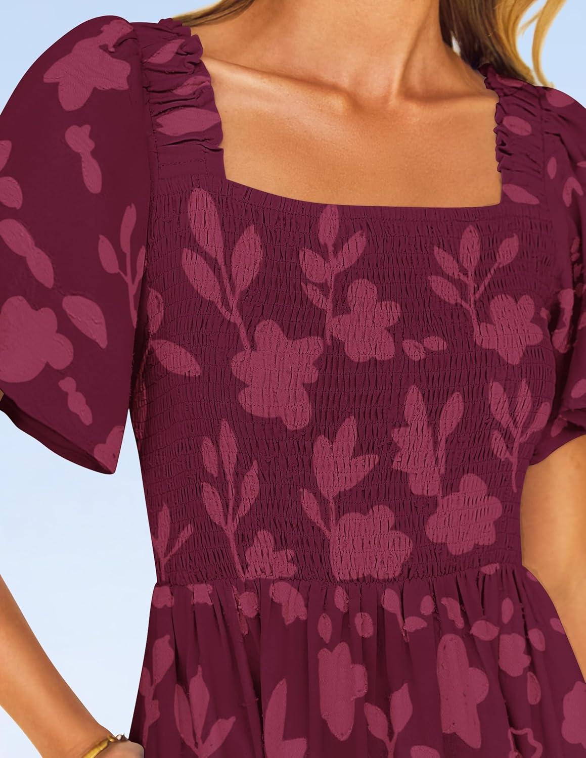 imageZESICA Womens Summer Boho Floral Midi Dress 2026 Casual Short Sleeve Square Neck Flowy Beach Vacation Long DressWine