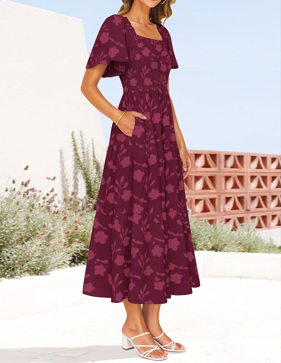imageZESICA Womens Summer Boho Floral Midi Dress 2026 Casual Short Sleeve Square Neck Flowy Beach Vacation Long DressWine