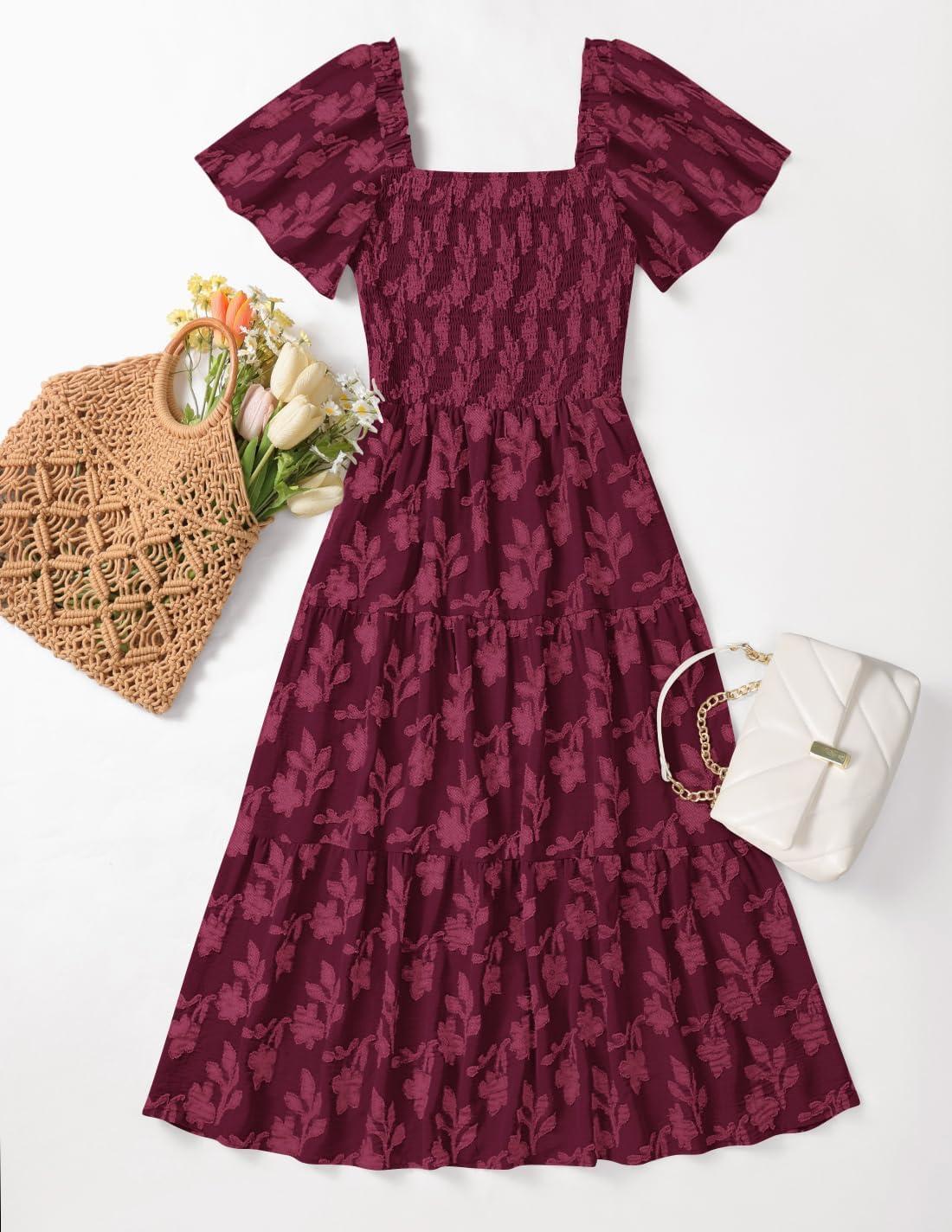 imageZESICA Womens Summer Boho Floral Midi Dress 2026 Casual Short Sleeve Square Neck Flowy Beach Vacation Long DressWine