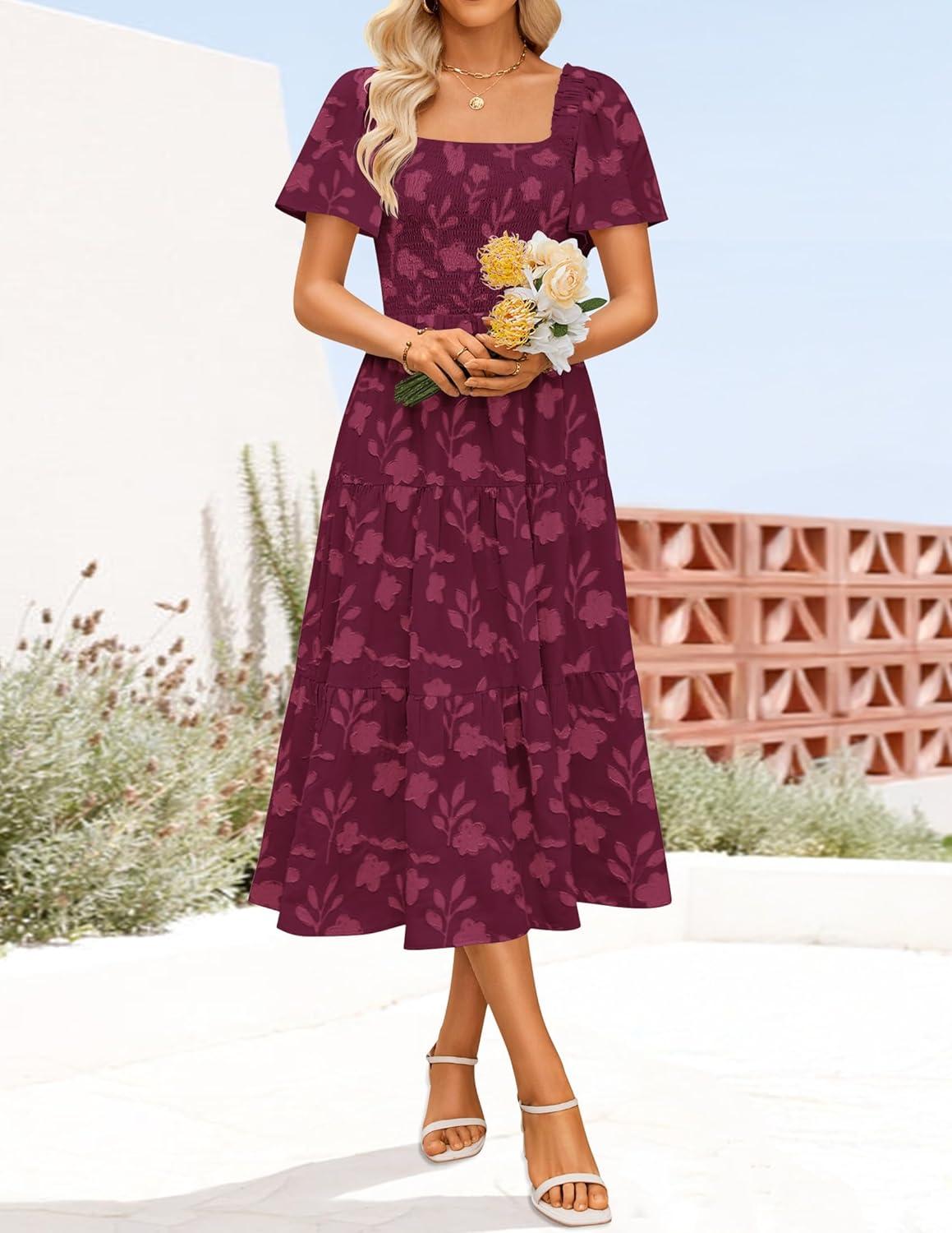 imageZESICA Womens Summer Boho Floral Midi Dress 2026 Casual Short Sleeve Square Neck Flowy Beach Vacation Long DressWine