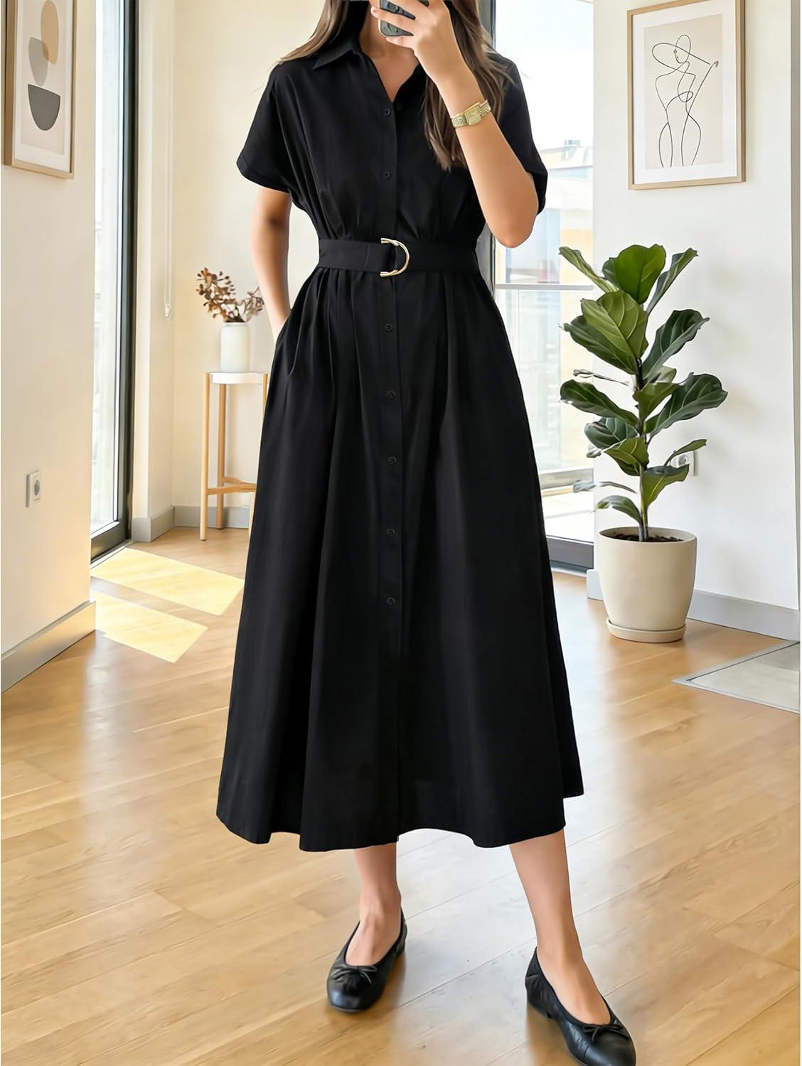 imageZESICA Womens Summer Button Down Midi Dress 2026 Short Sleeve A Line Belt Buiness Casual Shirt Dresses with PocketsBlack