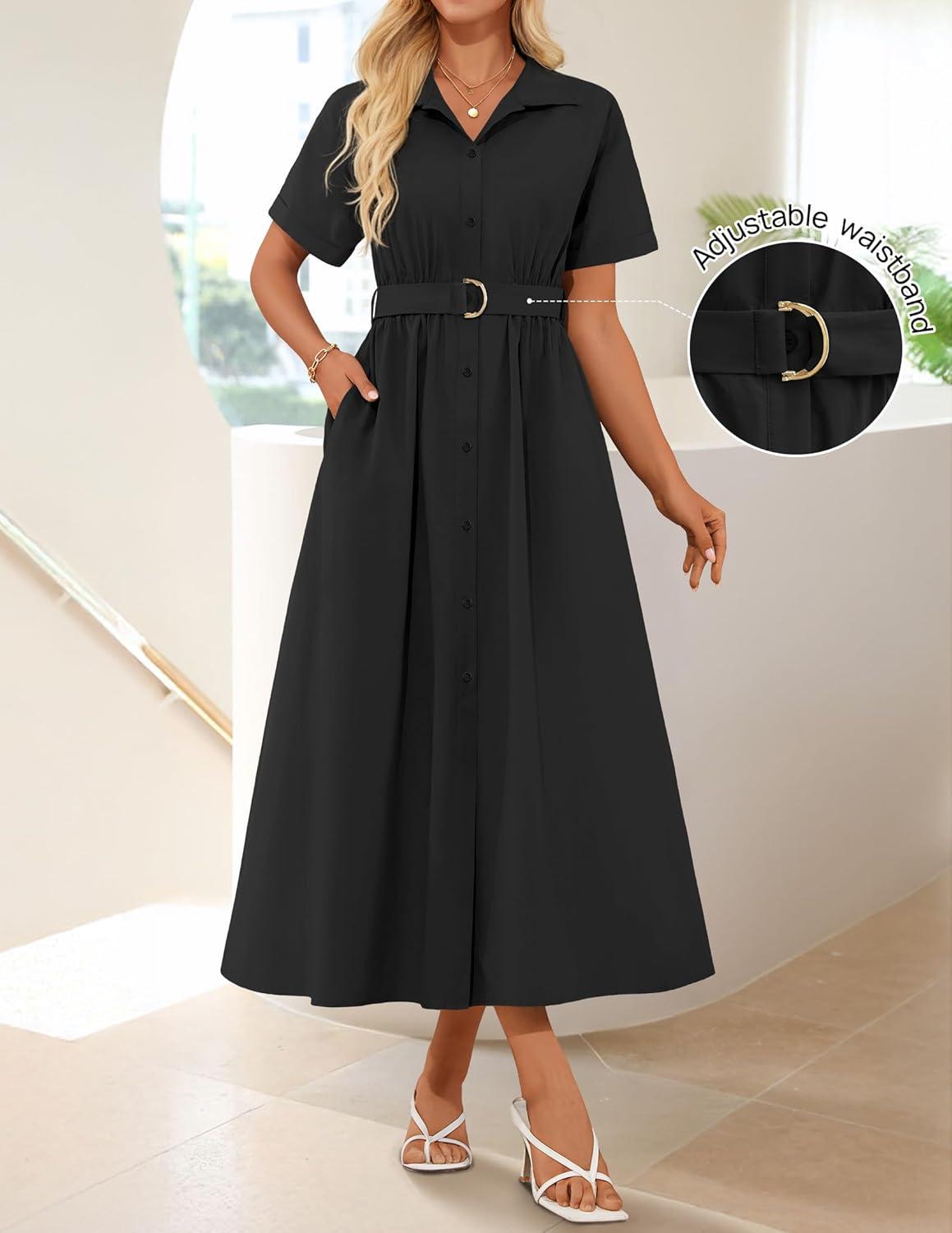 imageZESICA Womens Summer Button Down Midi Dress 2026 Short Sleeve A Line Belt Buiness Casual Shirt Dresses with PocketsBlack