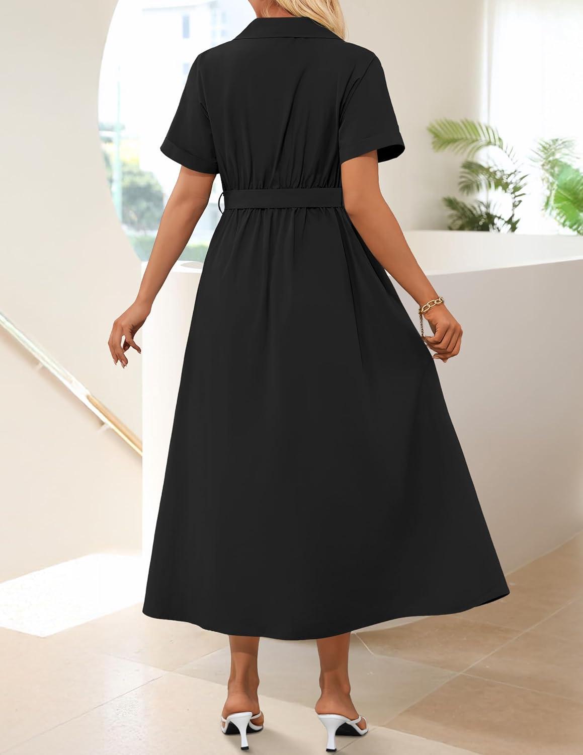 imageZESICA Womens Summer Button Down Midi Dress 2026 Short Sleeve A Line Belt Buiness Casual Shirt Dresses with PocketsBlack