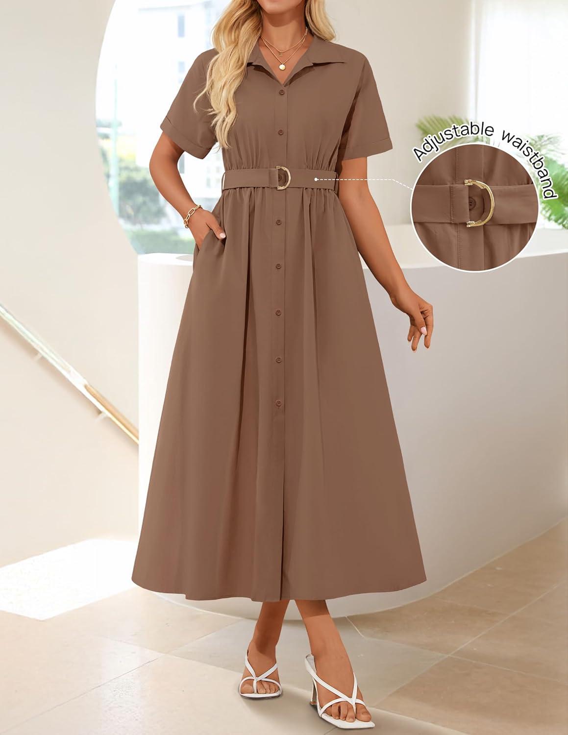imageZESICA Womens Summer Button Down Midi Dress 2026 Short Sleeve A Line Belt Buiness Casual Shirt Dresses with PocketsCoffee