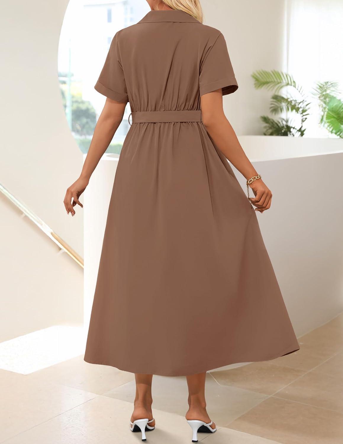 imageZESICA Womens Summer Button Down Midi Dress 2026 Short Sleeve A Line Belt Buiness Casual Shirt Dresses with PocketsCoffee