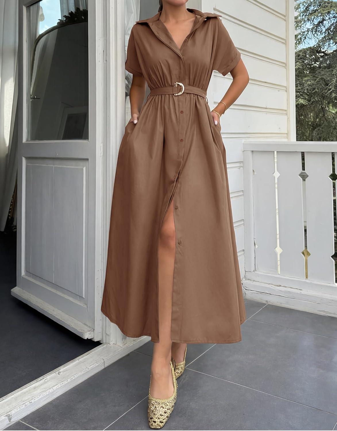 imageZESICA Womens Summer Button Down Midi Dress 2026 Short Sleeve A Line Belt Buiness Casual Shirt Dresses with PocketsCoffee