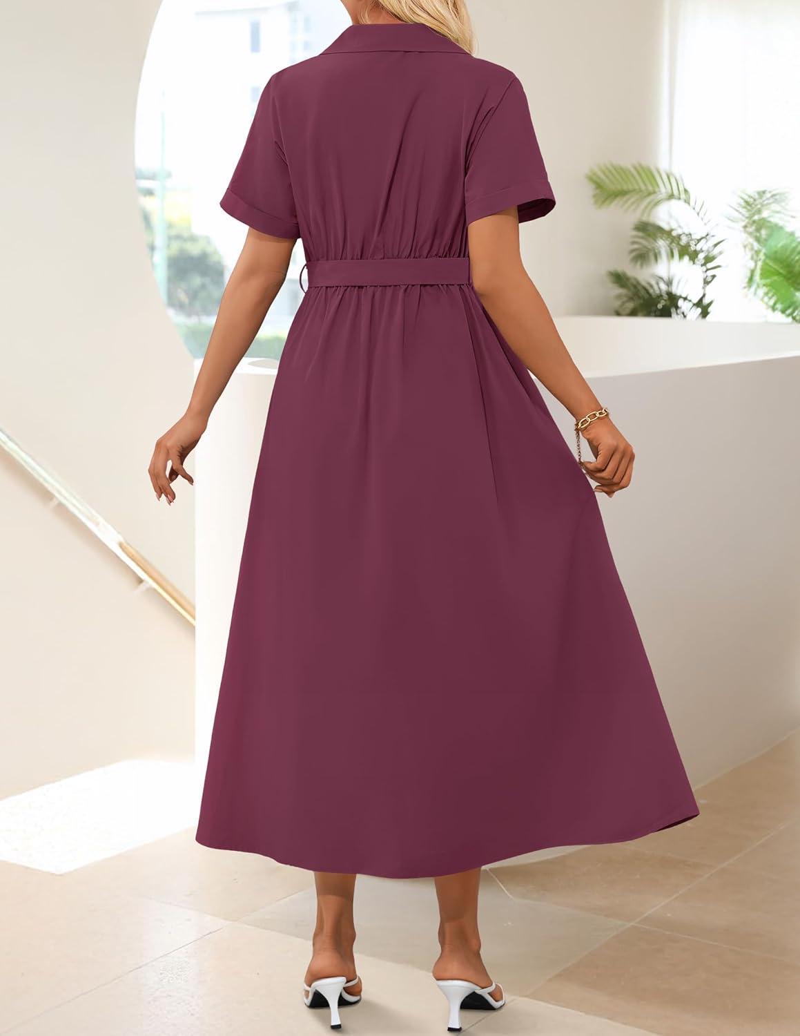 imageZESICA Womens Summer Button Down Midi Dress 2026 Short Sleeve A Line Belt Buiness Casual Shirt Dresses with PocketsFuchsia