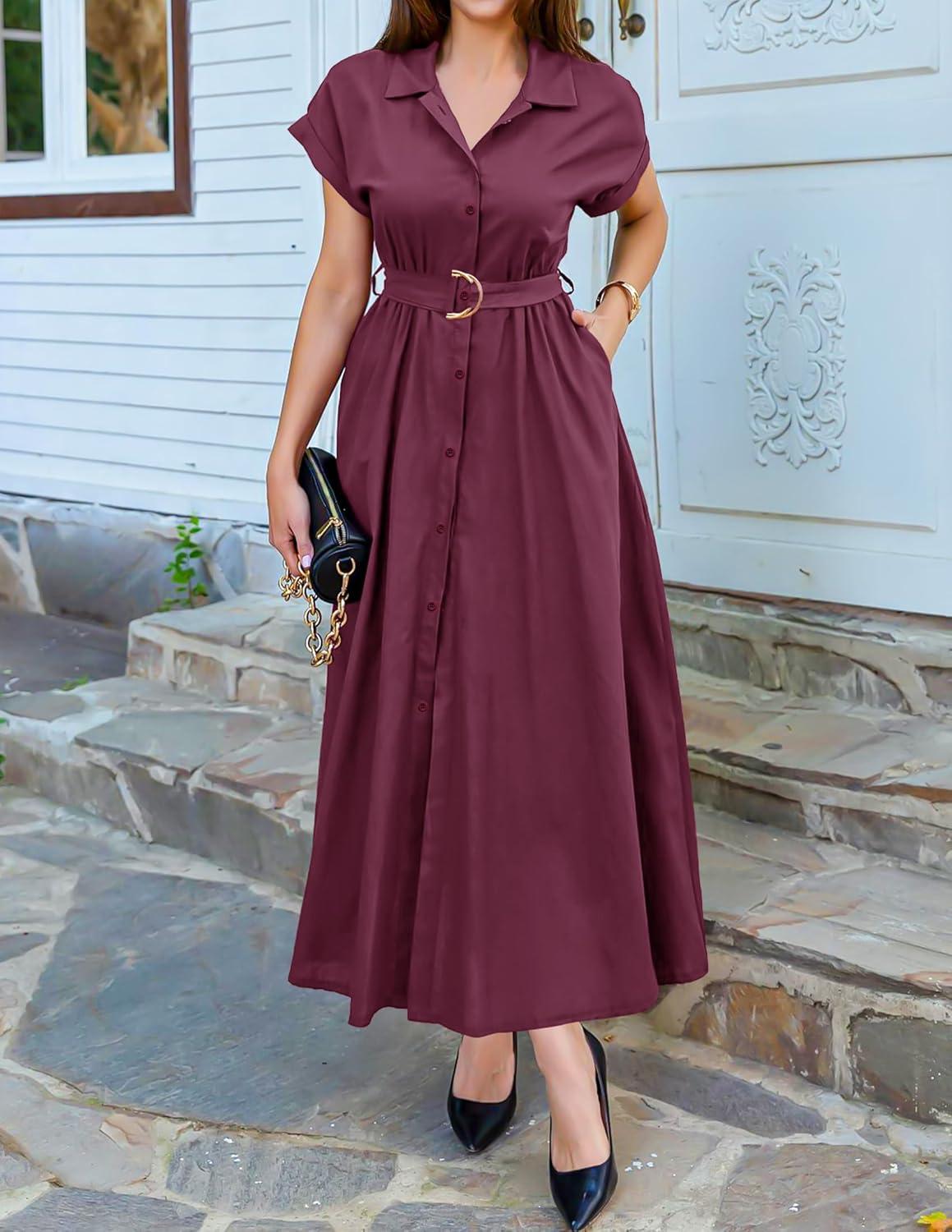 imageZESICA Womens Summer Button Down Midi Dress 2026 Short Sleeve A Line Belt Buiness Casual Shirt Dresses with PocketsFuchsia