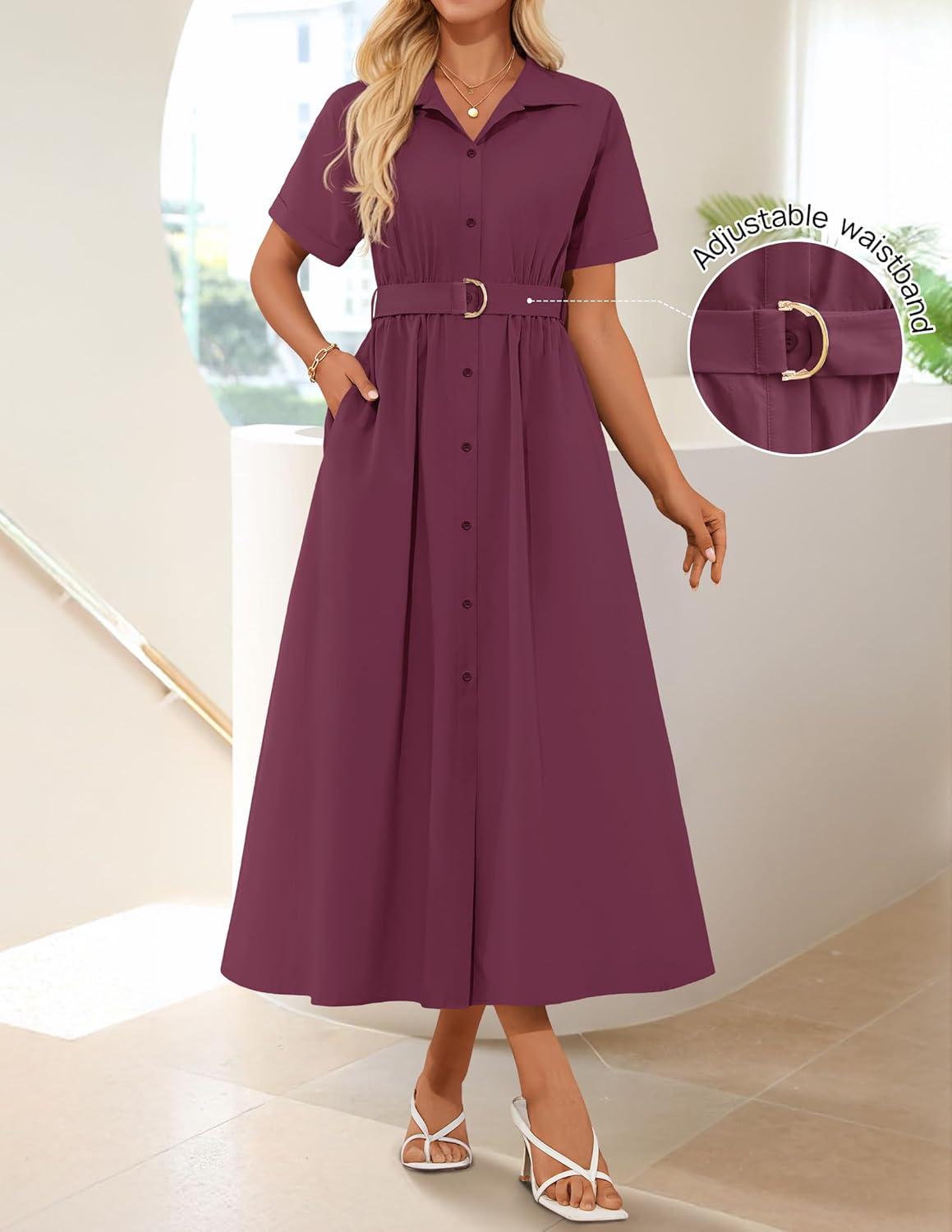 imageZESICA Womens Summer Button Down Midi Dress 2026 Short Sleeve A Line Belt Buiness Casual Shirt Dresses with PocketsFuchsia