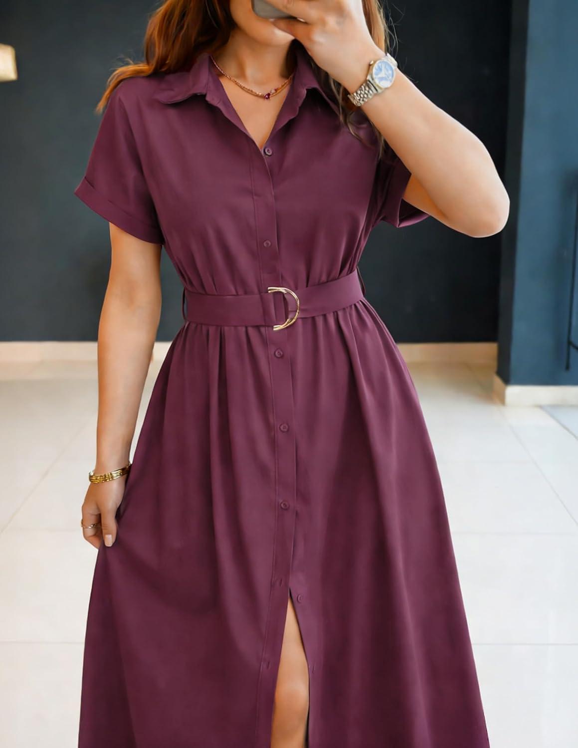 imageZESICA Womens Summer Button Down Midi Dress 2026 Short Sleeve A Line Belt Buiness Casual Shirt Dresses with PocketsFuchsia