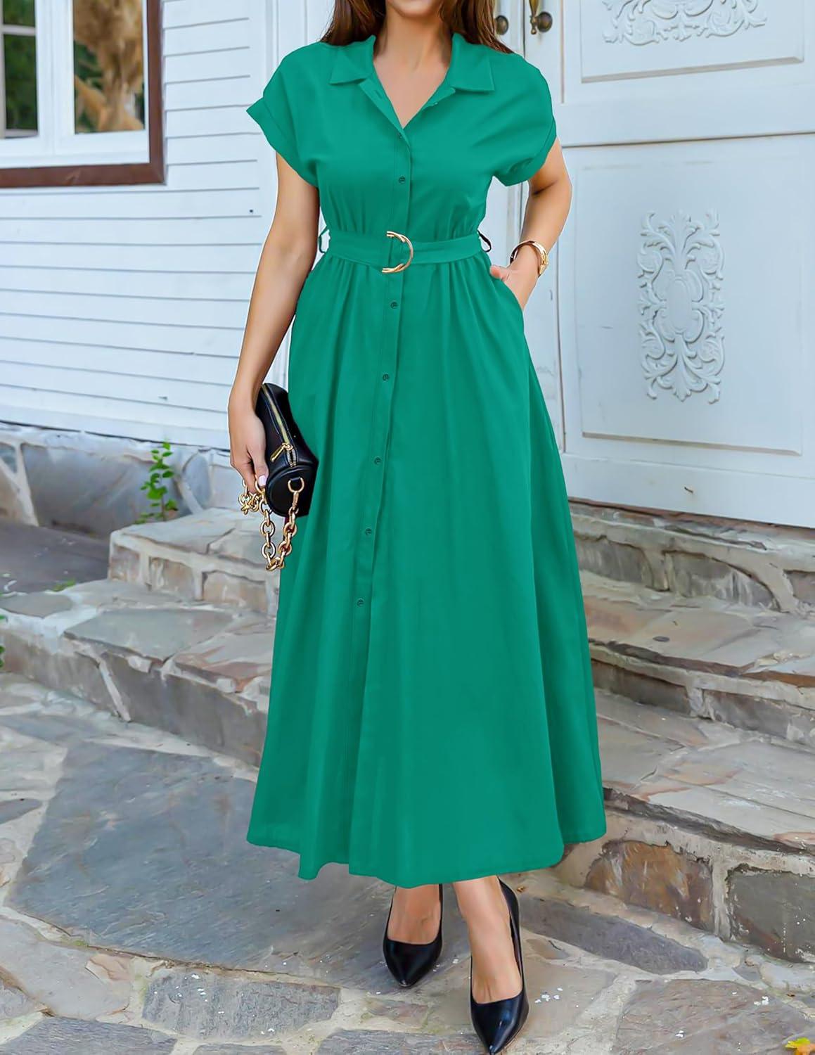 imageZESICA Womens Summer Button Down Midi Dress 2026 Short Sleeve A Line Belt Buiness Casual Shirt Dresses with PocketsGreen