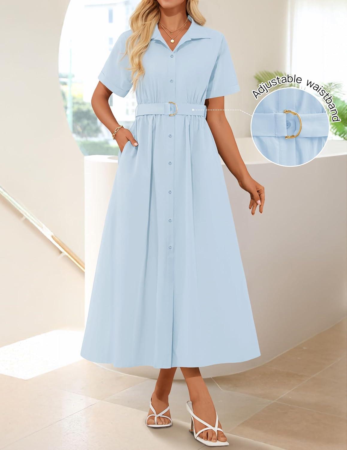 imageZESICA Womens Summer Button Down Midi Dress 2026 Short Sleeve A Line Belt Buiness Casual Shirt Dresses with PocketsLightblue