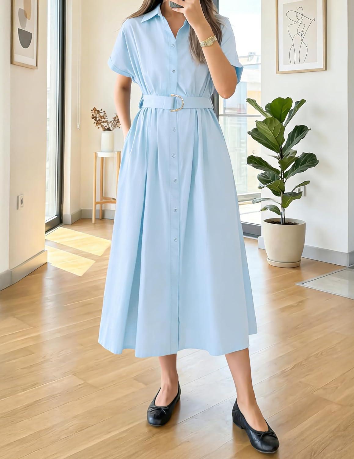 imageZESICA Womens Summer Button Down Midi Dress 2026 Short Sleeve A Line Belt Buiness Casual Shirt Dresses with PocketsLightblue