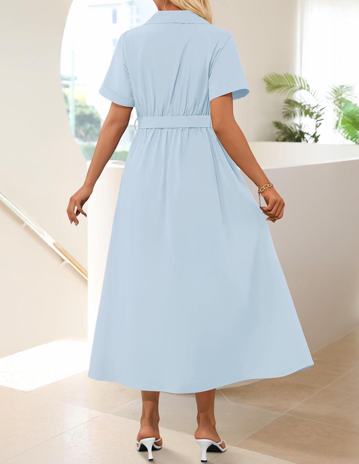 imageZESICA Womens Summer Button Down Midi Dress 2026 Short Sleeve A Line Belt Buiness Casual Shirt Dresses with PocketsLightblue