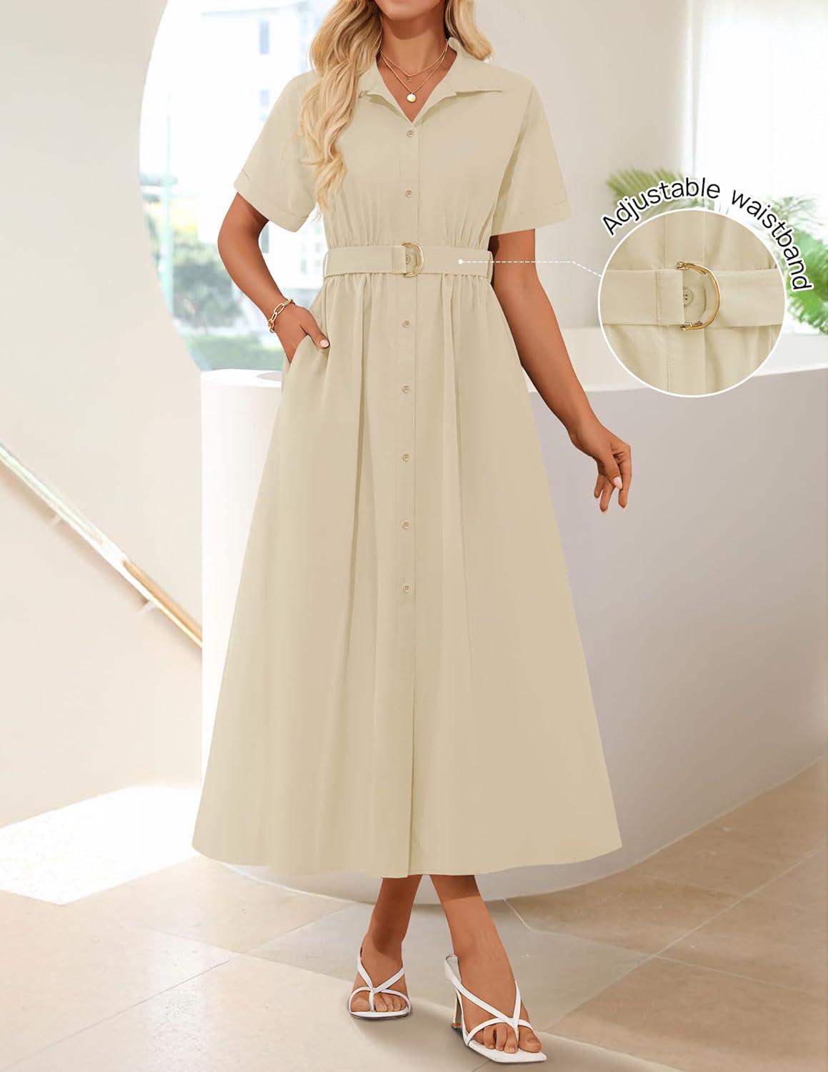 imageZESICA Womens Summer Button Down Midi Dress 2026 Short Sleeve A Line Belt Buiness Casual Shirt Dresses with PocketsNatural