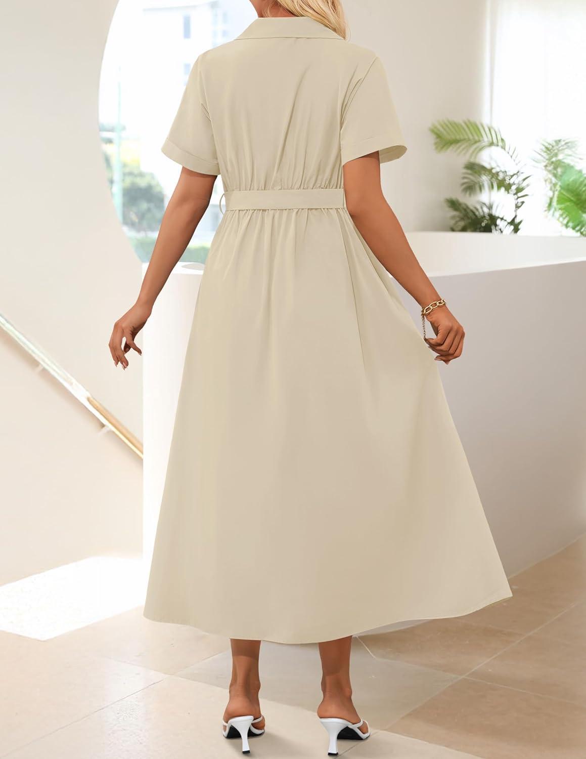 imageZESICA Womens Summer Button Down Midi Dress 2026 Short Sleeve A Line Belt Buiness Casual Shirt Dresses with PocketsNatural