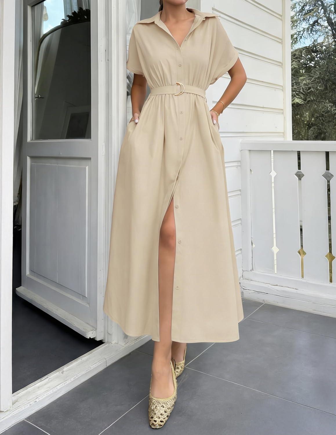 imageZESICA Womens Summer Button Down Midi Dress 2026 Short Sleeve A Line Belt Buiness Casual Shirt Dresses with PocketsNatural