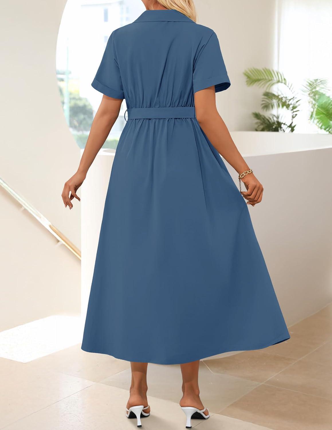 imageZESICA Womens Summer Button Down Midi Dress 2026 Short Sleeve A Line Belt Buiness Casual Shirt Dresses with PocketsNavy