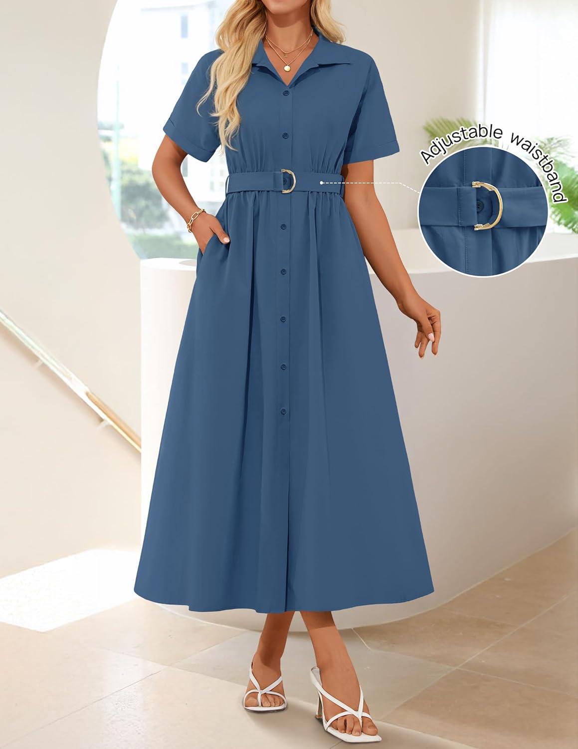 imageZESICA Womens Summer Button Down Midi Dress 2026 Short Sleeve A Line Belt Buiness Casual Shirt Dresses with PocketsNavy