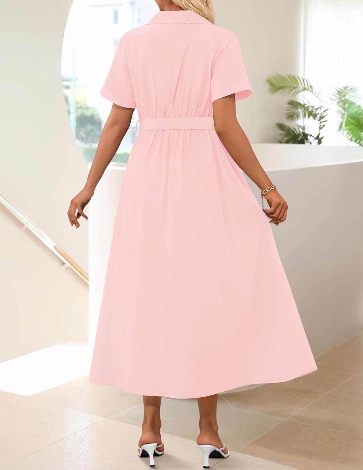 imageZESICA Womens Summer Button Down Midi Dress 2026 Short Sleeve A Line Belt Buiness Casual Shirt Dresses with PocketsPink