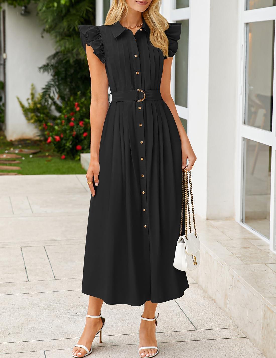 imageZESICA Womens Summer Button Midi Dresses 2026 Flutter Short Sleeve Belted Business Casual Work Long Dresses with PocketsBlack