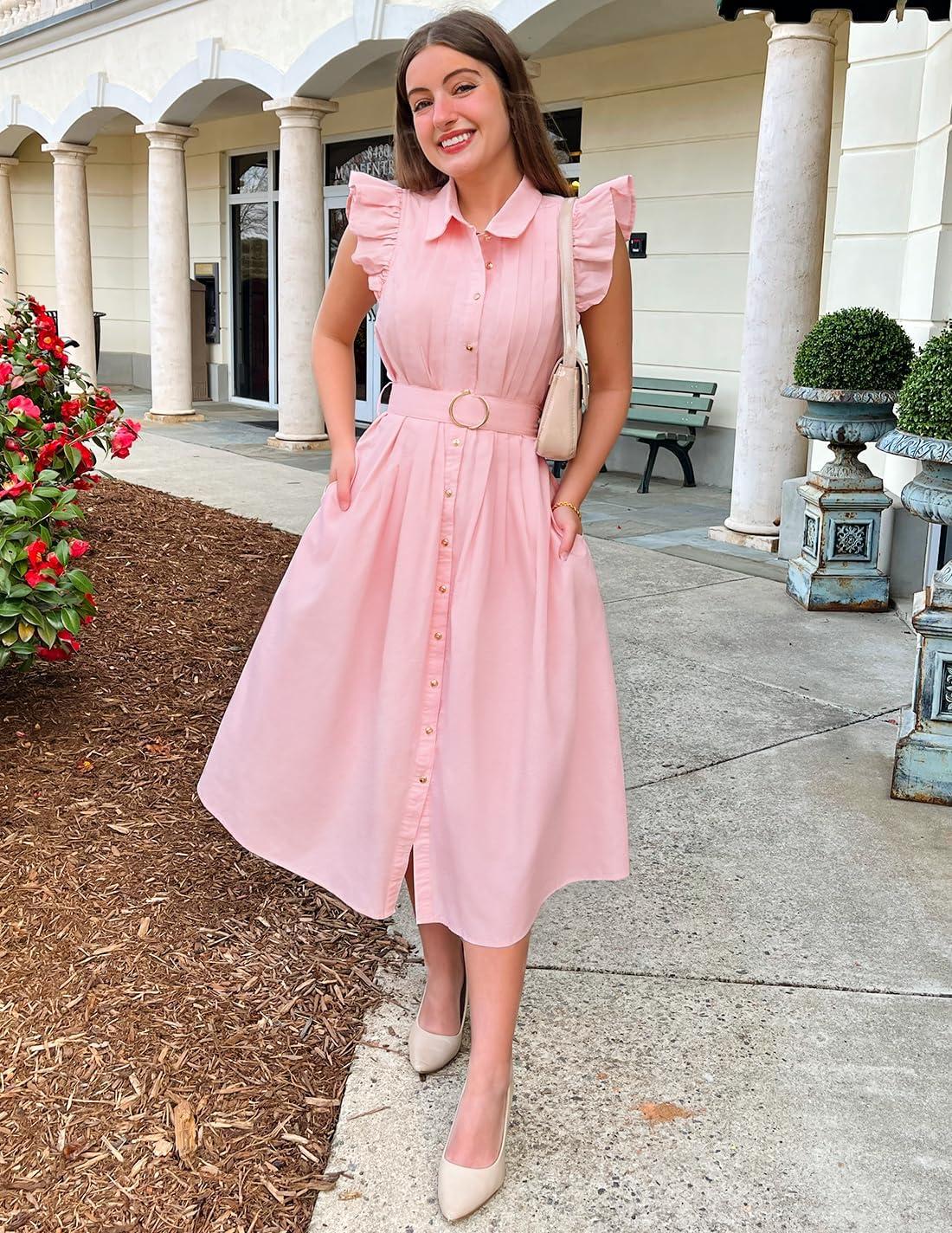imageZESICA Womens Summer Button Midi Dresses 2026 Flutter Short Sleeve Belted Business Casual Work Long Dresses with PocketsPink