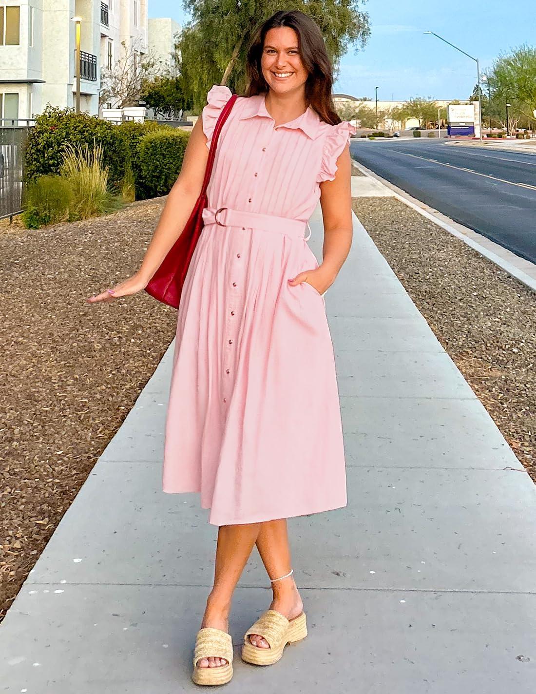 imageZESICA Womens Summer Button Midi Dresses 2026 Flutter Short Sleeve Belted Business Casual Work Long Dresses with PocketsPink