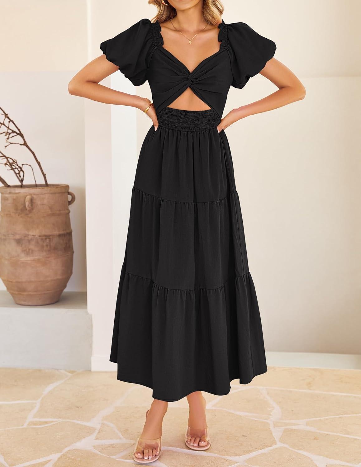 imageZESICA Womens Summer Casual Flowy Vacation Maxi Dress 2026 Short Puff Sleeve A Line Smocked Cutout Beach Party DressesBlack