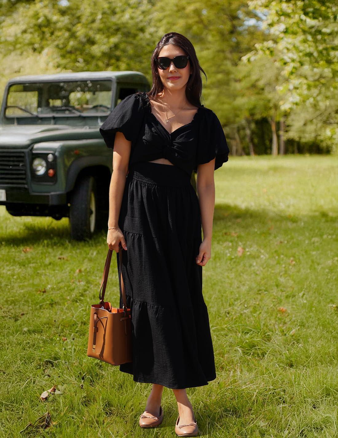 imageZESICA Womens Summer Casual Flowy Vacation Maxi Dress 2026 Short Puff Sleeve A Line Smocked Cutout Beach Party DressesBlack