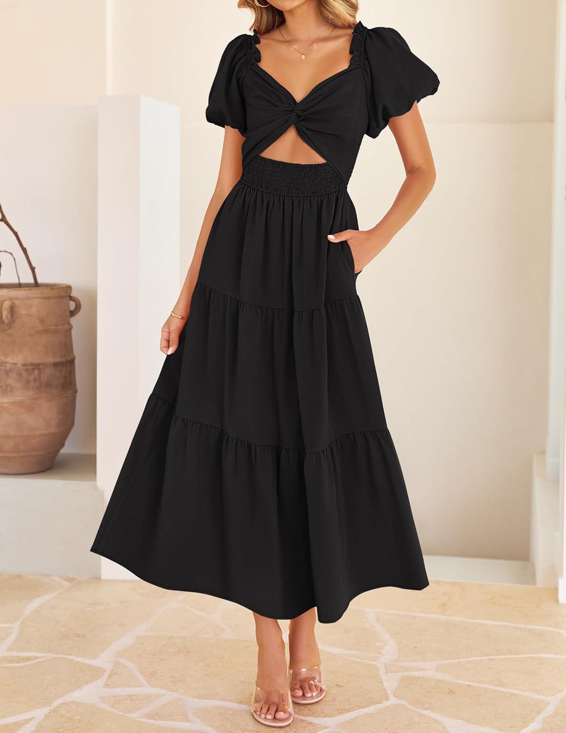 imageZESICA Womens Summer Casual Flowy Vacation Maxi Dress 2026 Short Puff Sleeve A Line Smocked Cutout Beach Party DressesBlack