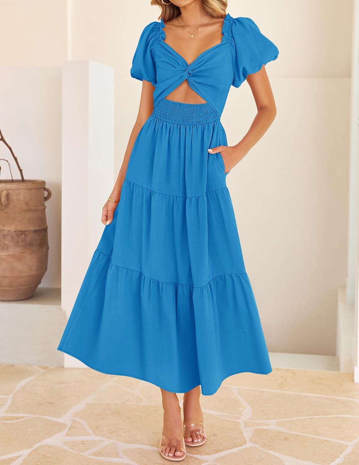 imageZESICA Womens Summer Casual Flowy Vacation Maxi Dress 2026 Short Puff Sleeve A Line Smocked Cutout Beach Party DressesCobalt