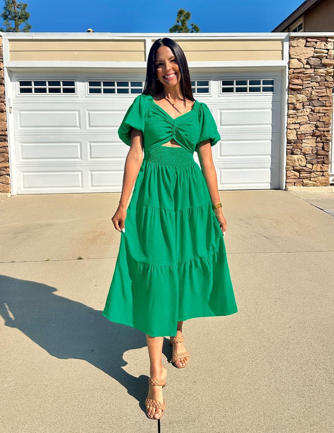 imageZESICA Womens Summer Casual Flowy Vacation Maxi Dress 2026 Short Puff Sleeve A Line Smocked Cutout Beach Party DressesGreen