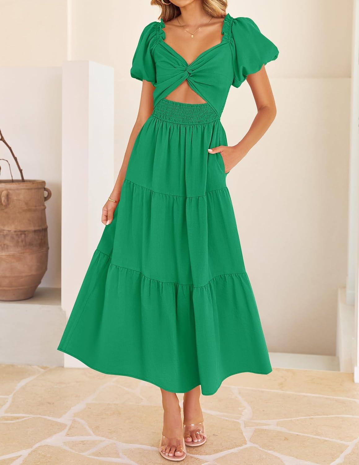 imageZESICA Womens Summer Casual Flowy Vacation Maxi Dress 2026 Short Puff Sleeve A Line Smocked Cutout Beach Party DressesGreen